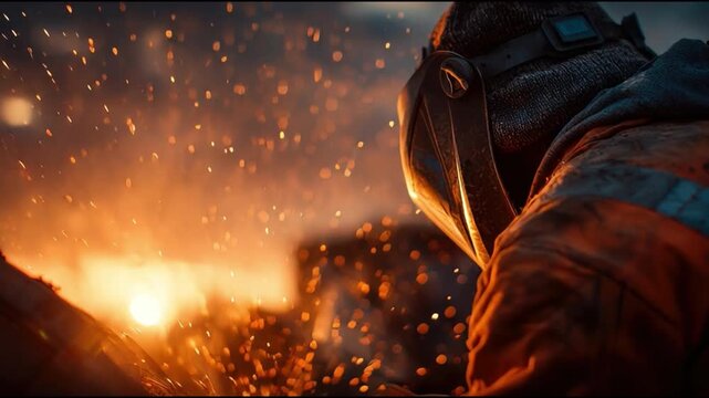 Dramatic Scene of a Firefighter Silhouetted by Bright Flames and Smoke during an Intense Fire Emergency Operation in a Dark Environment