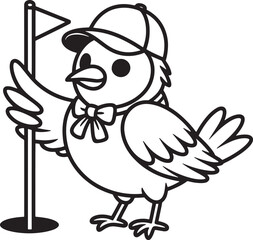 Golf bird wearing cap holding flag stick illustration for golfer design