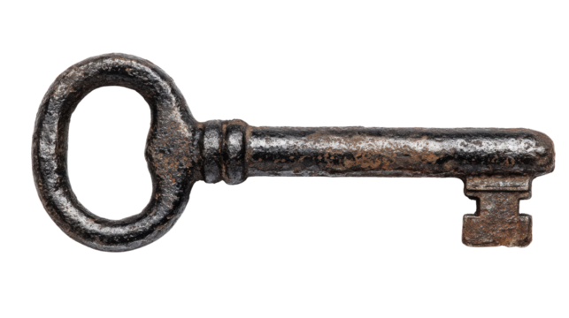 Old vintage metal key with textured rusty surface symbolizing security, history, antiques, unlocking secrets and heritage craftsmanship photographed in detail on white background
