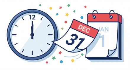 Calendar page flipping from december 31 to january 1st with clock at midnight new year concept illustration
