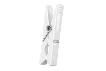 White plastic clothes peg with metal spring, isolated on transparent background, for laundry drying and household tasks