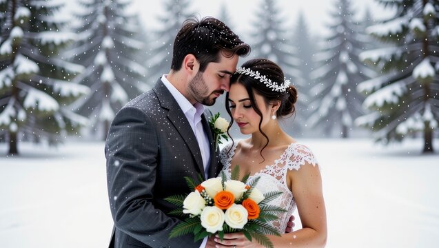 Winter wedding couple embracing in snowy forest