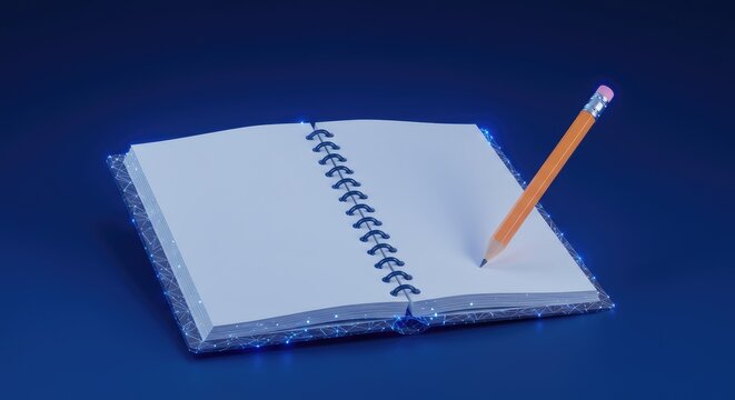 An open, blank notebook with a pencil poised to write, set against a blue background