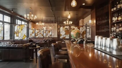 Luxury vintage speakeasy bar interior with leather sofas and dark wood