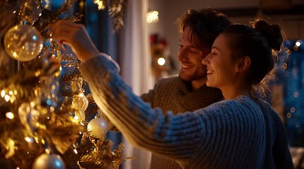 Happy couple decorating a Christmas tree with ornaments and lights during the festive season - Powered by Adobe