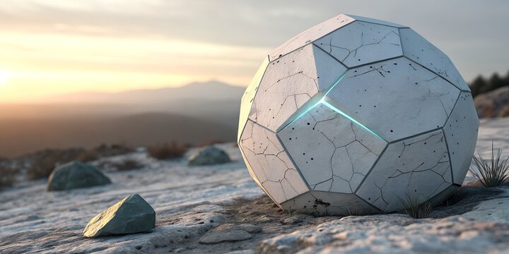 Sci-fi concrete sphere resting on a rocky terrain with a vibrant sunset sky creates an intriguing futuristic atmosphere