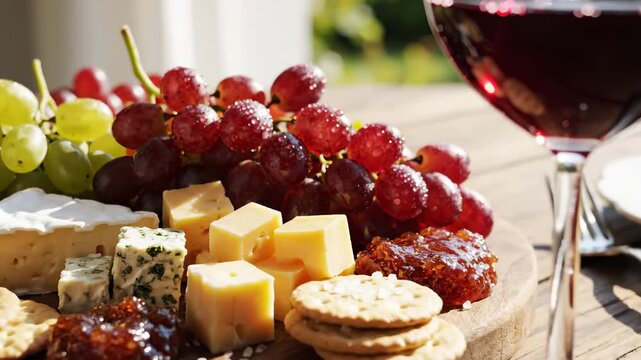 Arrangement of Cheeses, Crackers, Grapes and Red Wine Glass, Close Up