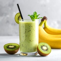 Refreshing green smoothie in a glass with kiwi and banana