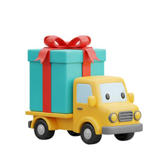 Cute yellow delivery truck carrying a large wrapped gift box with bright ribbon for festive celebration themes, isolated on a transparent background, png, cutout.