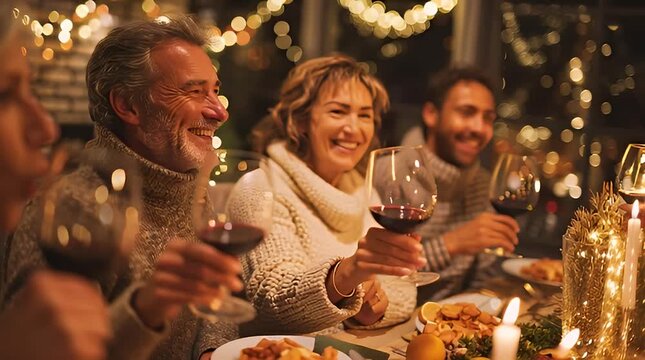 Happy multigenerational family celebrating a festive holiday season with a warm dinner and a red wine toast