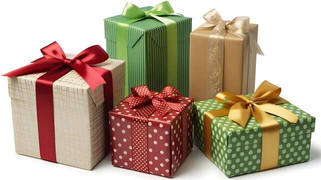 Group of five colorful wrapped gift boxes with ribbons and bows isolated on white background - Powered by Adobe