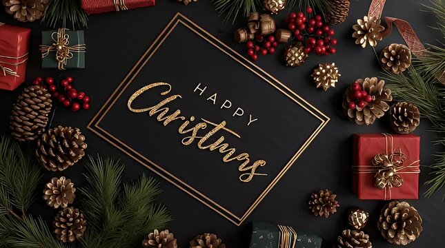 Elegant Christmas flat lay with a golden 'Happy Christmas' greeting, surrounded by festive red gift boxes, pine cones, and fir branches on a dark background