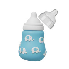 Blue baby bottle with adorable elephant pattern and removable nipple cap, ideal for infant product displays, nursery themes, and child-friendly design projects, isolated on a transparent background