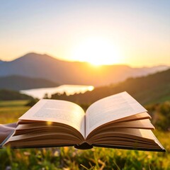 Open book, held outdoors, sunset backdrop with mountains