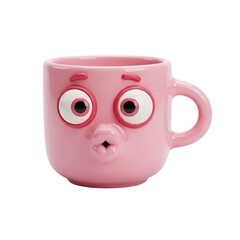 Funny pink mug character with expressive eyes and puckered lips, perfect for playful branding, children’s illustrations, and charming kitchen-themed graphics, isolated on a transparent background, png