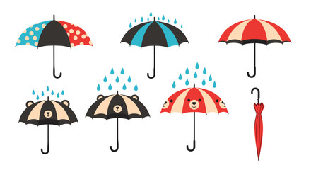 Fun colorful umbrellas with playful designs ready for a rainy day, perfect for kids' products and cheerful weather related marketing campaigns