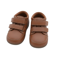 Adorable brown baby shoes with double straps and soft rounded design, perfect for newborn accessories, children’s product visuals, and cute fashion-themed graphics,isolated on a transparent background