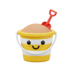 Bright yellow striped sand bucket with a smiling face and red plastic shovel, ideal for beach-themed designs, kids’ illustrations, and playful summer graphics, isolated on a transparent background