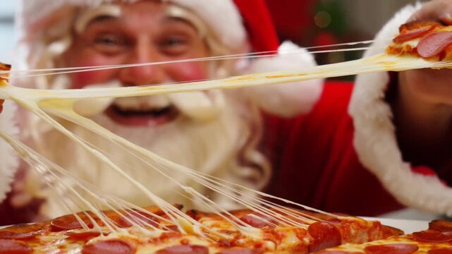 Santa Claus pulling a pizza slice with a long, perfect cheese pull. An irresistible Christmas food advertisement for pizzerias.