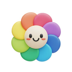 Bright rainbow flower character toy with a cheerful smiling face, perfect for kids’ rooms, playful learning, and colorful decoration, isolated on a transparent background, png, cutout.