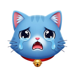 Sad blue cartoon cat character with teary eyes, trembling mouth, and round expressive features perfect for emotional children’s storytelling art, isolated on a transparent background, png, cutout.