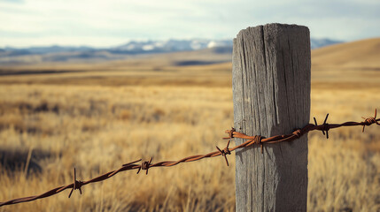 Barbed wire on wooden fence post in dry prairie landscape