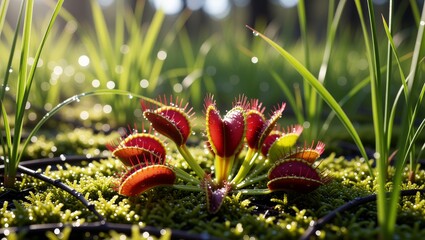 Venus flytrap plants with water droplets on moss