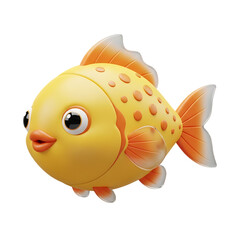 Adorable bright yellow cartoon fish with rounded fins, cheerful eyes, and smooth shiny scales perfect for children’s aquatic illustrations, isolated on a transparent background, png, cutout.