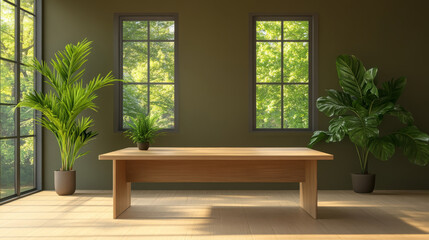 Fototapeta premium Modern eco friendly office meeting room with wooden table, green plants, large windows, sunlight