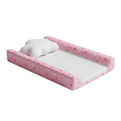 Soft pink baby mattress with side bumpers and a white pillow designed for infant comfort and nursery decoration, perfect for childcare product displays, isolated on a transparent background, png