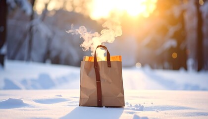 Paper bag with steam outdoors in a snowy landscape