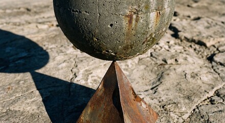 Heavy concrete sphere balancing on a sharp metal tip. 3D concept of financial risk, heavy debt load, industrial fragility, and critical tipping points.