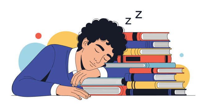 Exhausted student asleep on stack of books needs a break, conveying academic burnout and need for rest after long hours of study