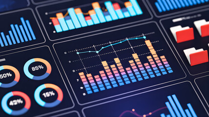 Financial data analytics on a digital dashboard interface showing business intelligence charts and graphs for market research