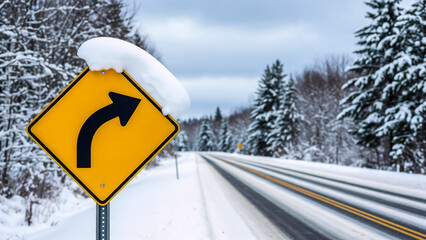 Right turn road sign with heavy snow – Symbol of direction and visibility challenges in winter