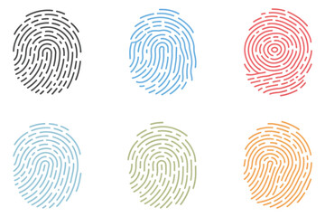 Fingerprint Icon Set In Multiple Colors Including Black, Blue, Red, Teal, Green, And Yellow, Modern Vector Illustration Representing Biometric Security, Digital Identity Verification, Authentication