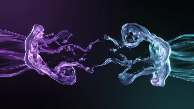 Vibrant blue and purple liquid clash in an abstract fluid dynamics design concept