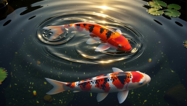 Two koi fish swimming in pond with ripples and lily pads