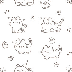Cute monochrome seamless line art cat pattern with sweet doodles and paw prints