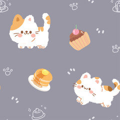 Cute seamless Kawaii cat and sweet dessert pattern on muted lavender background