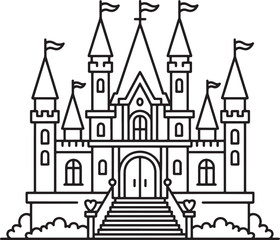 Obraz premium Outline art of castle fantasy architecture with towers flags and stairs vector design