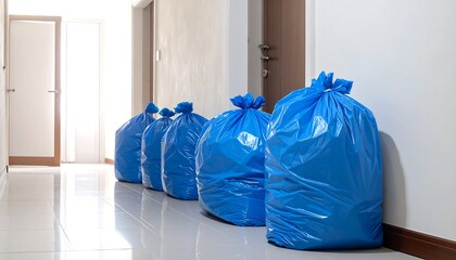 Several tied, blue refuse bags lined up inside a bright hallway