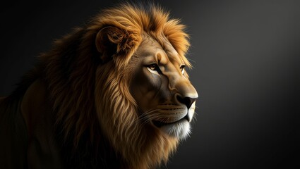 Fototapeta premium Lion profile with golden mane against dark background