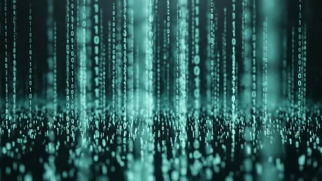 Cascading digital bits stream down a dark background creating a modern technology feel