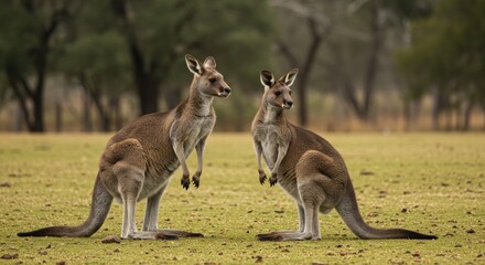 Two kangaroos standing alertly in a grassy field, with trees in the background