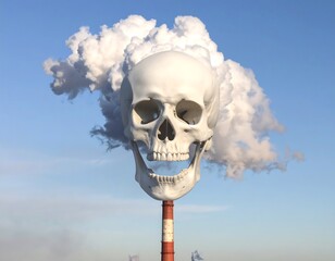 Skull atop smokestack, billowing pollution against a clear blue sky