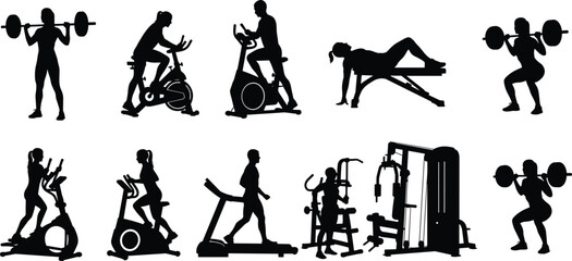 Fitness workout silhouettes of men and women exercising with gym equipment, weightlifting, cardio machines, strength training icons for health illustrations