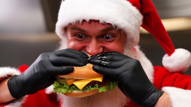 Santa Claus joyfully biting into a juicy cheeseburger with dripping sauce. A festive and appetizing food advertisement scene.