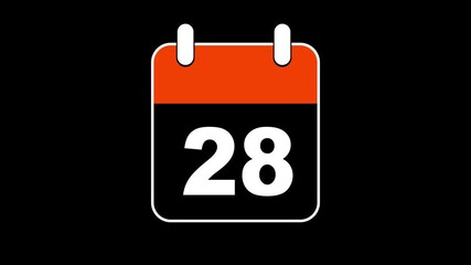 Abstract calendar icon - day no 28 animation. Simple technology calendar with date concept on black  background. 4K Video motion graphic animation. Event reminder symbol.