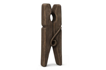 Old wooden clothespin on transparent background, classic laundry peg for drying clothes, household item